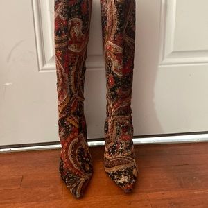 Knee high paisley pointed toe heel boots